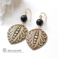 Embossed Gold Brass Earrings with Black Onyx Gemstones - Avant Garde Art Deco Style Jewelry