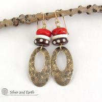 Gold Brass Oval Hoop Dangle Earrings with Red Coral & African Batik Bone Beads