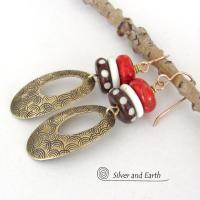 Gold Brass Oval Hoop Dangle Earrings with Red Coral & African Batik Bone Beads