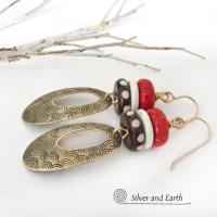 Gold Brass Oval Hoop Dangle Earrings with Red Coral & African Batik Bone Beads