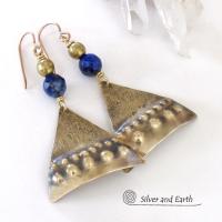 Textured Gold Brass Earrings with Blue Lapis Stones - Bold Exotic Egyptian Inspired Statement Jewelry