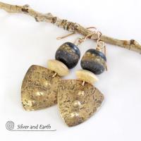 Gold Brass Tribal Shield Earrings with African Clay Beads - Bold Exotic Ethnic Tribal Jewelry