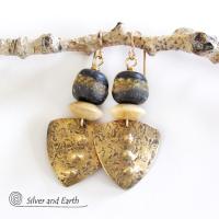 Gold Brass Tribal Shield Earrings with African Clay Beads - Bold Exotic Ethnic Tribal Jewelry