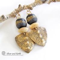 Gold Brass Tribal Shield Earrings with African Clay Beads - Bold Exotic Ethnic Tribal Jewelry