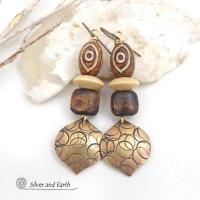 Hand Stamped Gold Brass Earrings with Brown Tibetan Agate Stones - Ethnic Boho Tribal Style Jewelry