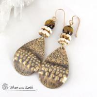 Brass Tribal Earrings with Faceted Brown Tiger's Eye Gemstones and African Carved Bone