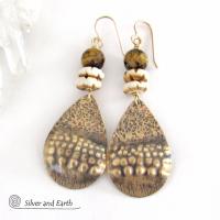 Brass Tribal Earrings with Faceted Brown Tiger's Eye Gemstones and African Carved Bone