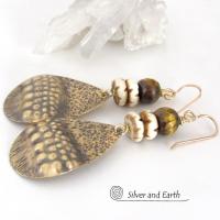 Brass Tribal Earrings with Faceted Brown Tiger's Eye Gemstones and African Carved Bone