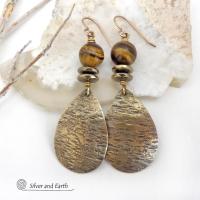 Textured Gold Brass Dangle Earrings with Brown Tiger's Eye Gemstones