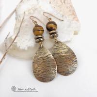 Textured Gold Brass Dangle Earrings with Brown Tiger's Eye Gemstones