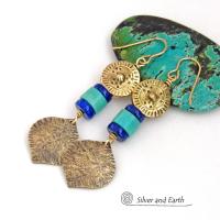 Turquoise and Lapis Gold Brass Earrings with Ethnic Tribal Coin Beads - Bold Exotic Egyptian Style Jewelry
