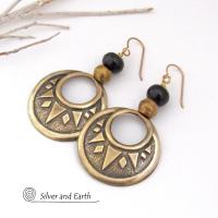 Large Brass Textured Hoop Earrings with Black and Brass Beads - Bold Ethnic Tribal Jewelry