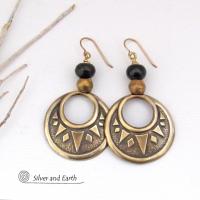 Large Brass Textured Hoop Earrings with Black and Brass Beads - Bold Ethnic Tribal Jewelry