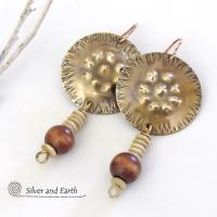 Textured Gold Brass Earrings with Wood Bead Dangles - Unique Handmade Bohemian Tribal Style Jewelry