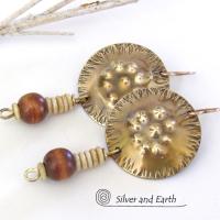 Textured Gold Brass Earrings with Wood Bead Dangles - Unique Handmade Bohemian Tribal Style Jewelry