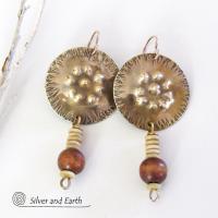 Textured Gold Brass Earrings with Wood Bead Dangles - Unique Handmade Bohemian Tribal Style Jewelry