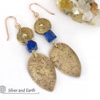 Tribal Spear Gold Brass Earrings with Faceted Blue Lapis Gemstones - Ancient Egyptian Style Jewelry 