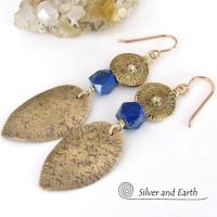 Tribal Spear Gold Brass Earrings with Faceted Blue Lapis Gemstones - Ancient Egyptian Style Jewelry 