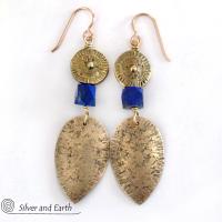 Tribal Spear Gold Brass Earrings with Faceted Blue Lapis Gemstones - Ancient Egyptian Style Jewelry 