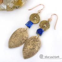 Tribal Spear Gold Brass Earrings with Faceted Blue Lapis Gemstones - Ancient Egyptian Style Jewelry 