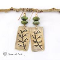 Gold Brass Earrings with Hand Stamped Twig Design & Green Serpentine Stones - Earthy Nature Inspired Jewelry