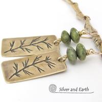 Gold Brass Earrings with Hand Stamped Twig Design & Green Serpentine Stones - Earthy Nature Inspired Jewelry