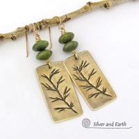 Gold Brass Earrings with Hand Stamped Twig Design & Green Serpentine Stones - Earthy Nature Inspired Jewelry