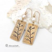 Gold Brass Earrings with Hand Stamped Twigs & White Pearls -  Unique Jewelry Gifts for Nature Lovers