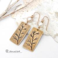 Gold Brass Earrings with Hand Stamped Twigs & White Pearls -  Unique Jewelry Gifts for Nature Lovers
