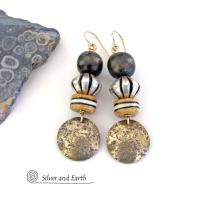 Gold Brass Earrings with African Batik Bone & Dark Brown Wood Beads - Ethnic Boho Tribal African Style Jewelry