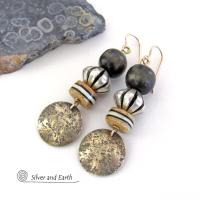 Gold Brass Earrings with African Batik Bone & Dark Brown Wood Beads - Ethnic Boho Tribal African Style Jewelry