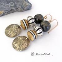 Gold Brass Earrings with African Batik Bone & Dark Brown Wood Beads - Ethnic Boho Tribal African Style Jewelry