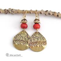 Bronze Earrings with Red Coral & African Carved Bone - Handcrafted Boho Chic Tribal Style Statement Jewelry