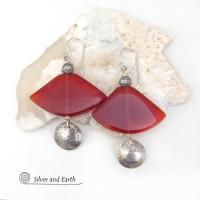 Sterling Silver Earrings with Carnelian Gemstones - Bold Unique One of a Kind Jewelry
