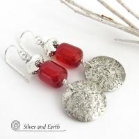 Round Sterling Silver Dangle Earrings with Orange Carnelian Gemstones - Modern Boho Chic Jewelry