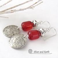 Round Sterling Silver Dangle Earrings with Orange Carnelian Gemstones - Modern Boho Chic Jewelry