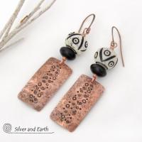 Textured Copper Earrings with African Carved Bone & Black Beads - Ethnic Boho Tribal Style Handmade Jewelry