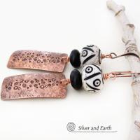 Textured Copper Earrings with African Carved Bone & Black Beads - Ethnic Boho Tribal Style Handmade Jewelry