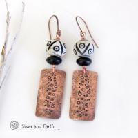 Textured Copper Earrings with African Carved Bone & Black Beads - Ethnic Boho Tribal Style Handmade Jewelry