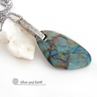 Large Blue Chrysocolla Quartz Gemstone Sterling Silver Necklace - One of a Kind Unique Natural Stone Jewelry 