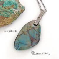 Large Blue Chrysocolla Quartz Gemstone Sterling Silver Necklace - One of a Kind Unique Natural Stone Jewelry 