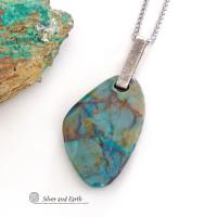 Large Blue Chrysocolla Quartz Gemstone Sterling Silver Necklace - One of a Kind Unique Natural Stone Jewelry 