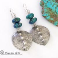 Sterling Silver Earrings with Blue Green Chrysocolla Stones - Earthy Modern Silver Jewelry