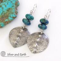 Sterling Silver Earrings with Blue Green Chrysocolla Stones - Earthy Modern Silver Jewelry