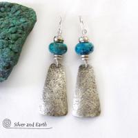 Sterling Silver Dangle Earrings with Chrysocolla Stones - Artisan Handmade Modern Silver Jewelry