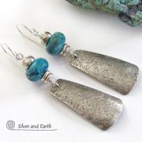 Sterling Silver Dangle Earrings with Chrysocolla Stones - Artisan Handmade Modern Silver Jewelry