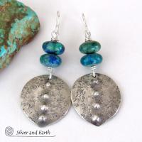 Sterling Silver Earrings with Blue Green Chrysocolla Stones - Earthy Modern Silver Jewelry