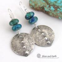 Sterling Silver Earrings with Blue Green Chrysocolla Stones - Earthy Modern Silver Jewelry