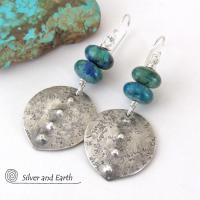 Sterling Silver Earrings with Blue Green Chrysocolla Stones - Earthy Modern Silver Jewelry