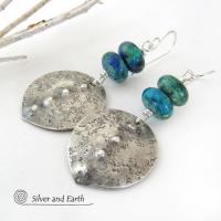 Sterling Silver Earrings with Blue Green Chrysocolla Stones - Earthy Modern Silver Jewelry